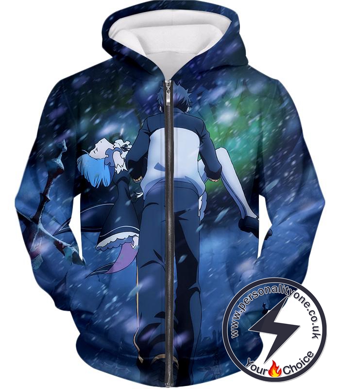 Re:Zero Awesome Re:Zero Subaru and Rem Action Anime Zip Up Hoodie